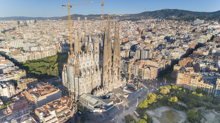 Aerial view of Sagrada Familia landmark, Barcelona, Spain